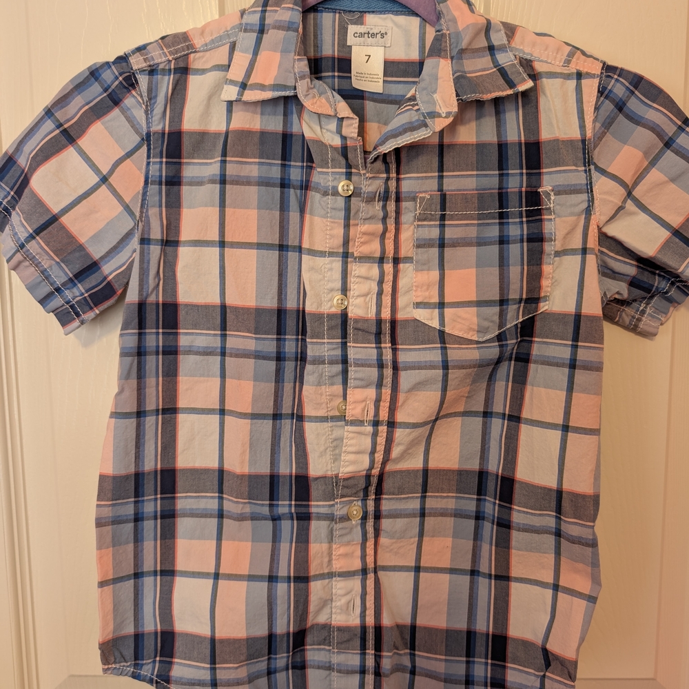 Carter's Kids Boy's Plaid Shirt - Blue and Pink, Short Sleeve, Size 7, EUC